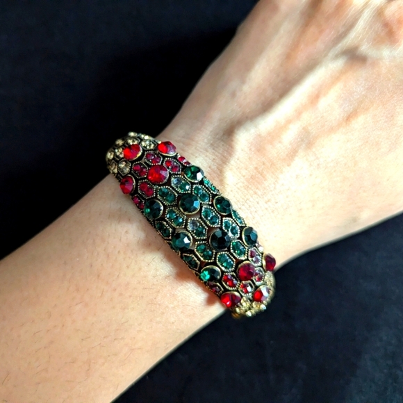 Gemstone Hinge Bangle Bracelet Gold Color Teal Red Ethnic Vintage Y2K 90s - Picture 1 of 7